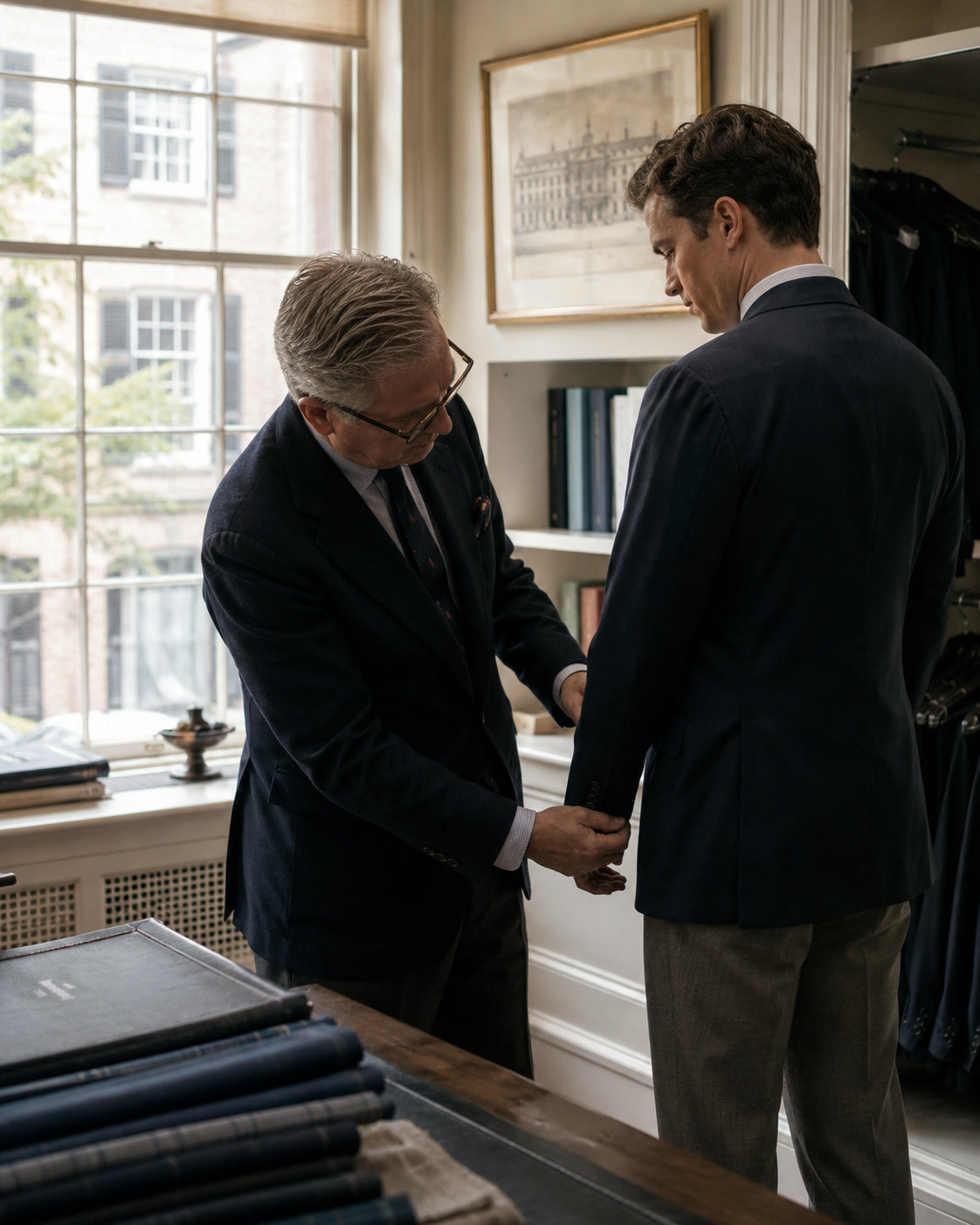 A tailor fitting a client in the wood-paneled room at Barrett & Sons.